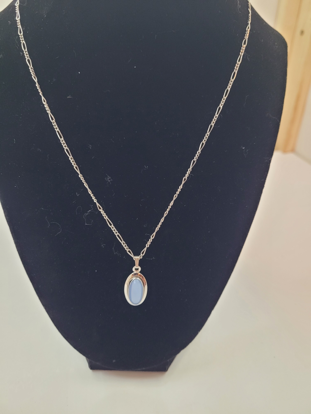 Crown Vintage Silver Necklace with Light Blue Oval Pendant